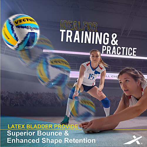 Vector X Flame Handsewn Volleyball - 18 Panels, White, Blue & Yellow, Size 4, 1 pc  