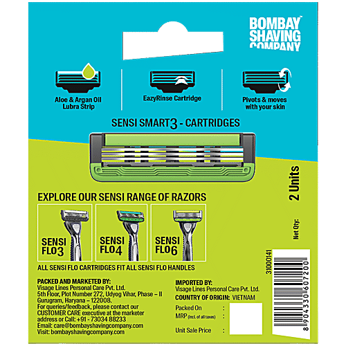 Bombay Shaving Company Sensi Smart3 Cartridges, 2 pcs Precision Blades, Sensitive Towards Skin, Aloe & Argan Oil Lubra Strip