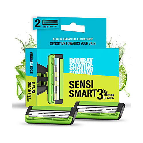 Bombay Shaving Company Sensi Smart3 Cartridges, 2 pcs Precision Blades, Sensitive Towards Skin, Aloe & Argan Oil Lubra Strip