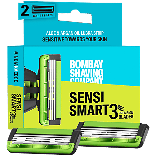 Bombay Shaving Company Sensi Smart3 Cartridges, 2 pcs Precision Blades, Sensitive Towards Skin, Aloe & Argan Oil Lubra Strip