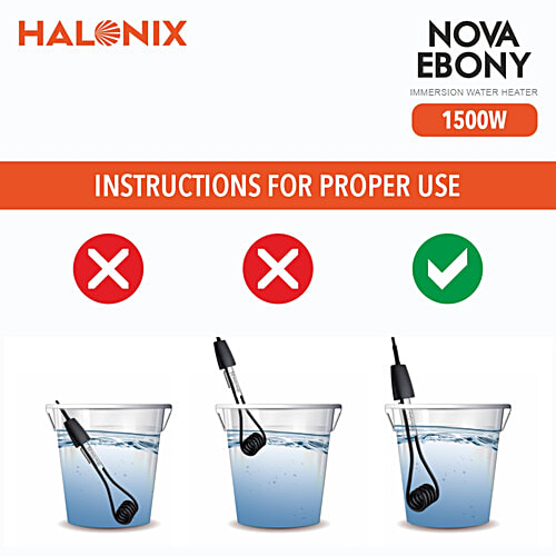 Halonix Nova Ebony 1500W Immersion Water Heater rod - Instant Heating With Bucket Holder, Black, ISI Certified 2-Year Replacement Warranty, 1 pc  Electric Rod