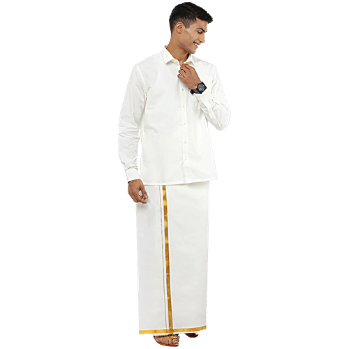 Ramraj Men's Dhoti Adjustable - Cotton, Size-XL, Cream Colour, With Gold Jari Border 1.9 cm, 1.08 m x 3.40 m, 1 pc  