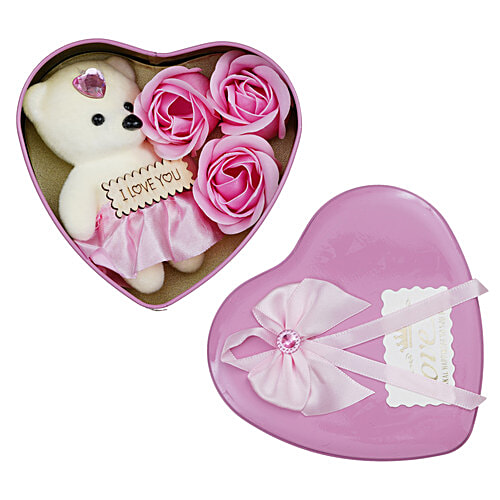 eCraftIndia Valentines Day Pink Heart Shaped Gift Box - With 3 Pink Roses, Teddy Bear & A Card, 1 pc