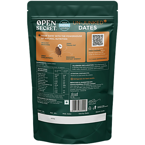 Open Secret Un-Junked Dates, 400 g High Fibre, Gluten Free Snack, No Added Sugar