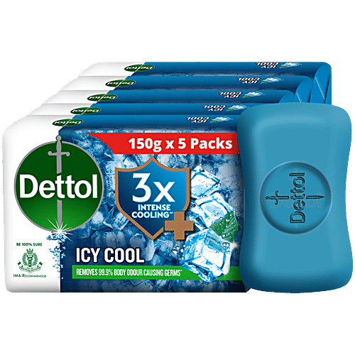 Dettol Icy Cool Bathing Soap Bar With 3x intense cooling, 750 g (150g - Pack of 5) 