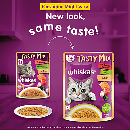 Whiskas Tasty Mix Wet Cat Food - Adult, 1+ Years, Seafood Cocktail Wakame Seaweed In Gravy, 70 g (Pack of 28) Delicious Seafood Flavour
Nutritious Wakame Seaweed