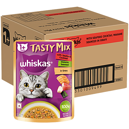 Whiskas Tasty Mix Wet Cat Food - Adult, 1+ Years, Seafood Cocktail Wakame Seaweed In Gravy, 70 g (Pack of 28) Delicious Seafood Flavour
Nutritious Wakame Seaweed