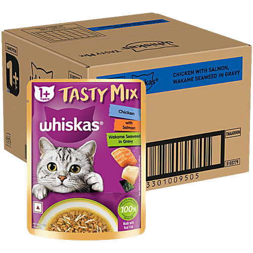 Whiskas Tasty Mix Wet Cat Food - Adult, 1+ Years, Chicken With Salmon Wakame Seaweed In Gravy, 1.96 kg (28 pcs x 70 g Each) Nutritious Blend
Delicious Flavour