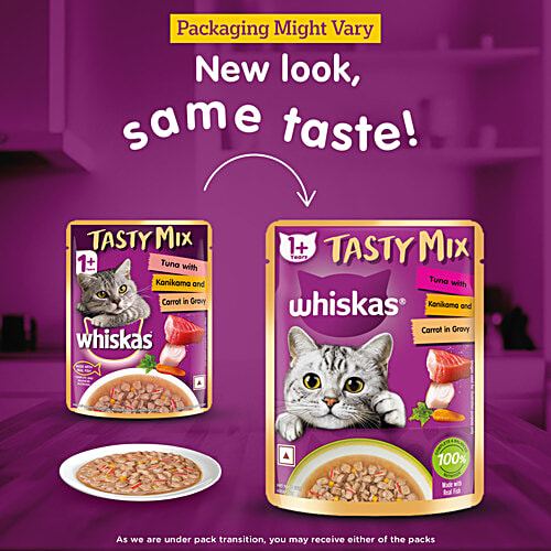 Whiskas Tasty Mix Wet Cat Food - Adult, 1+ Years, Tuna With Kanikama & Carrot In Gravy, 70 g (Pack of 28) Tasty Mix
Real Fish
Balanced Nutrition