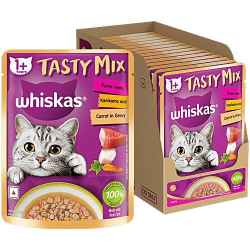 Whiskas Tasty Mix Wet Cat Food - Adult, 1+ Years, Tuna With Kanikama & Carrot In Gravy, 70 g (Pack of 28) Tasty Mix
Real Fish
Balanced Nutrition