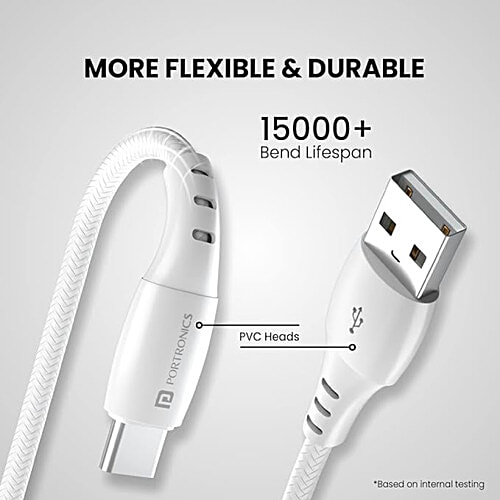 Portronics Type A To Type C Konnect B - 1 m, For Fast Charging & Data Sync 3.0 Amp, White, 1 pc With PVC Heads Nylon Braided