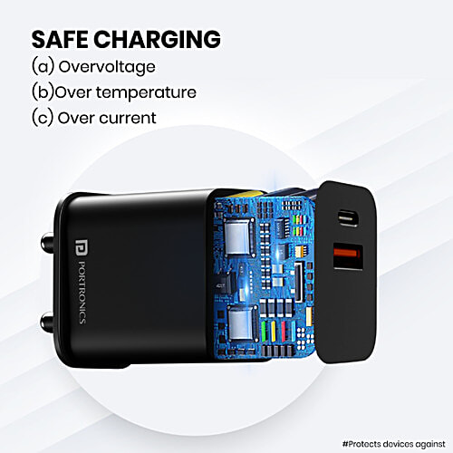 Portronics Adapto 20B PD Charger - 20W, With Fast Charging, Dual Charging Ports, Black, 1 pc  