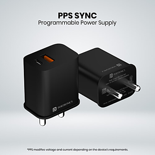 Portronics Adapto 20B PD Charger - 20W, With Fast Charging, Dual Charging Ports, Black, 1 pc  