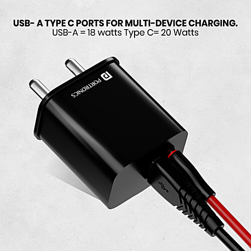 Portronics Adapto 20B PD Charger - 20W, With Fast Charging, Dual Charging Ports, Black, 1 pc  