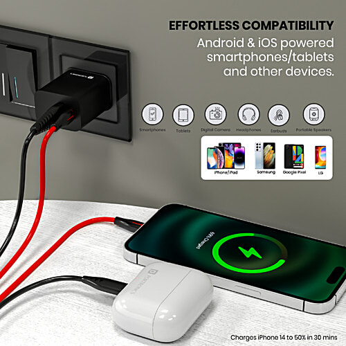 Portronics Adapto 20B PD Charger - 20W, With Fast Charging, Dual Charging Ports, Black, 1 pc  