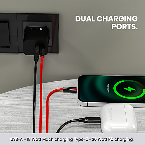 Portronics Adapto 20B PD Charger - 20W, With Fast Charging, Dual Charging Ports, Black, 1 pc  