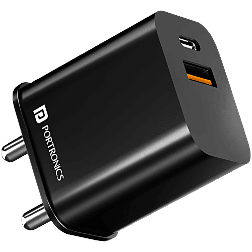 Portronics Adapto 20B PD Charger - 20W, With Fast Charging, Dual Charging Ports, Black, 1 pc  