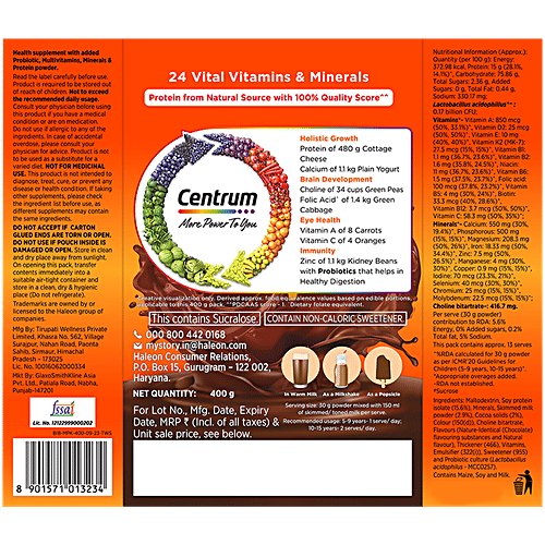 Centrum Kids Multivitamin & Protein Nutrition Drink Powder - Chocolate, 400 g Carton 24 Vitamins, Minerals to support Holistic Growth