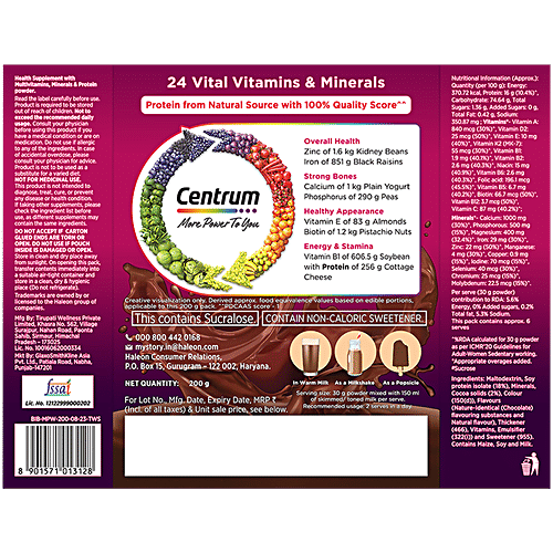 Centrum Women Multivitamin & Protein Nutrition Drink Powder - Chocolate, 200 g Carton 24 Vitamins, Minerals to support Overall Health
