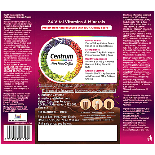 Centrum Women Multivitamin & Protein Nutrition Drink Powder - Chocolate, 400 g Carton 24 Vitamins, Minerals to support Overall Health