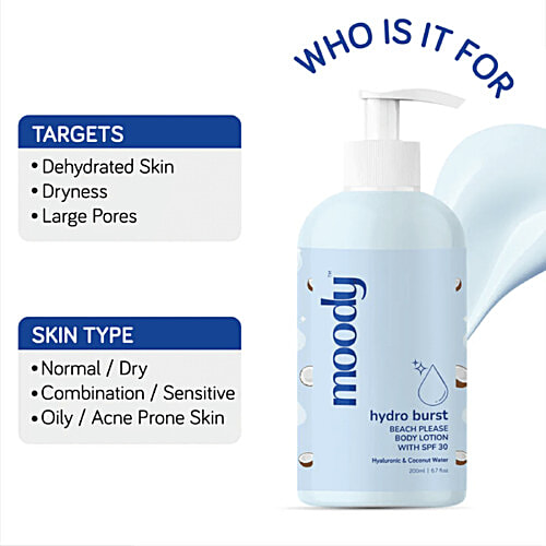 Moody Hydro Burst Beach Please Body Lotion With SPF 30 - Hyaluronic & Coconut Water, 200 ml  