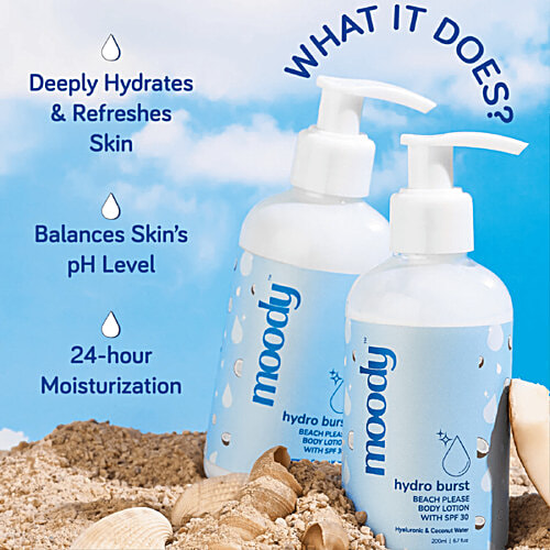 Moody Hydro Burst Beach Please Body Lotion With SPF 30 - Hyaluronic & Coconut Water, 200 ml  