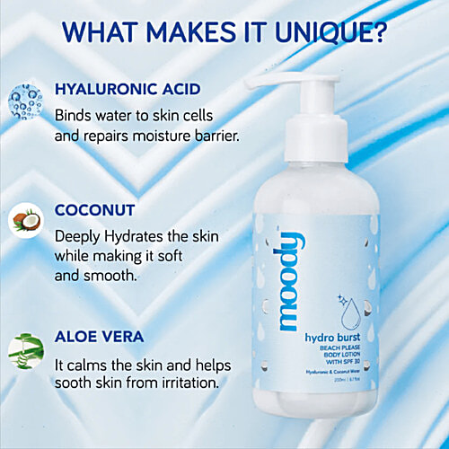 Moody Hydro Burst Beach Please Body Lotion With SPF 30 - Hyaluronic & Coconut Water, 200 ml  