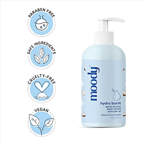 Moody Hydro Burst Beach Please Body Lotion With SPF 30 - Hyaluronic & Coconut Water, 200 ml  