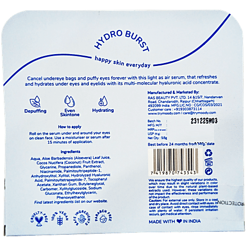 Moody 7D Hydro Burst Moisture Magnet Under Eye Serum - With Hyaluronic & Peptide, 9.8 g  