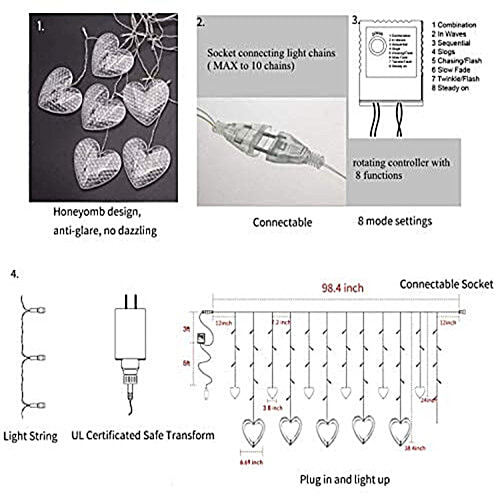 Desidiya LED Heart Shape Curtain String Lights - 2.5 m, 12 Hearts, Warm White, 1 pc  