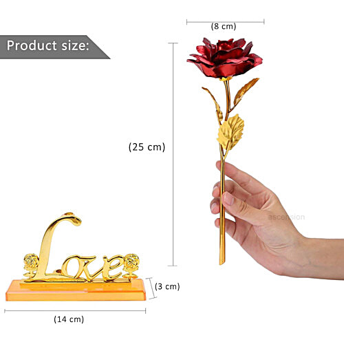 JBG Home Store Valentines Day Artificial Rose Flower - Gold Plated With Love Stand, 2 pcs  Best Valentine’s Day, Friendship’s Day, Rose Day, Birthday Gift