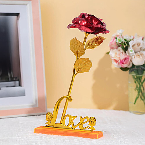 JBG Home Store Valentines Day Artificial Rose Flower - Gold Plated With Love Stand, 2 pcs  Best Valentine’s Day, Friendship’s Day, Rose Day, Birthday Gift