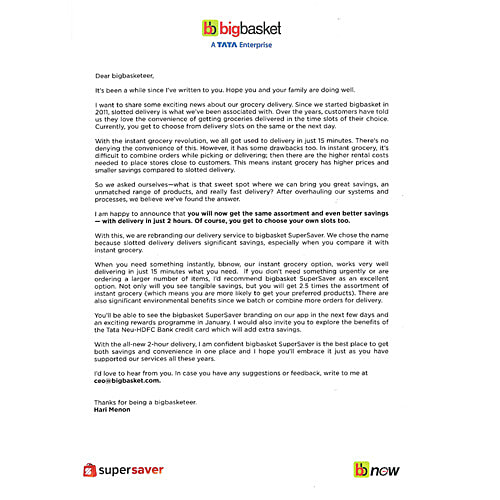 Buy Bigbasket CEO Letter Online at Best Price of Rs 1 bigbasket