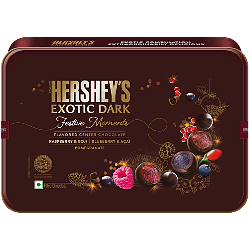Hershey's Exotic Dark Festive Moments Favoured Center Chocolate, 180 g Tin Raspberry & Goji, Blueberry & Acai, Pomegranate