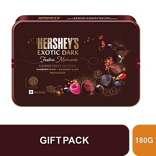 Hershey's Exotic Dark Festive Moments Favoured Center Chocolate, 180 g Tin Raspberry & Goji, Blueberry & Acai, Pomegranate