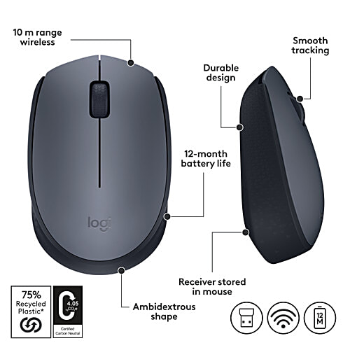 Logitech M171 Wireless Optical Tracking And Ambidextrous Mouse - With Easy Install, 2.4GHz Wireless, Black Grey, 1 pc  