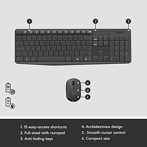 Logitech MK235 Wireless Keyboard And Mouse Set - With 2.4 GHz Wireless USB Receiver, 15 FN Keys For PC And Laptop, Black, 1 pc  