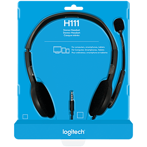 Logitech H111 Wired On Ear Stereo Headphones - With Noise Cancelling Boom Mic And 3.5mm Audio Jack, Black, 1 pc  