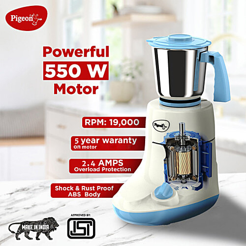 Pigeon by Stovekraft Glory Mixer Grinder 1- With Stainless Steel Jars, 550 Watt, White, 1 PC  For Dry Grinding, Wet Grinding & Making Chutney