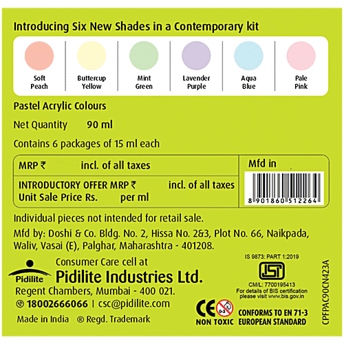 Fevicryl Multi-Surface Pastel Acrylic Colours Kit - Ideal For Artists, 15 ml (Pack of 6) Pastel Acrylic Colours
 Multi-Surface Usage