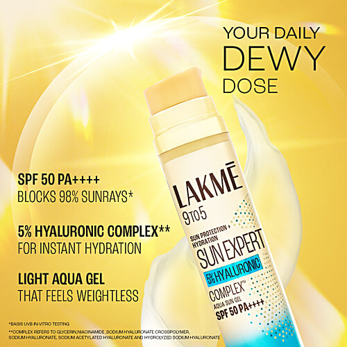 Lakme Sun Expert 5% Hyaluronic Complex Aqua Sun Gel - SPF 50 PA++++, 56 g  No white cast, For hydration