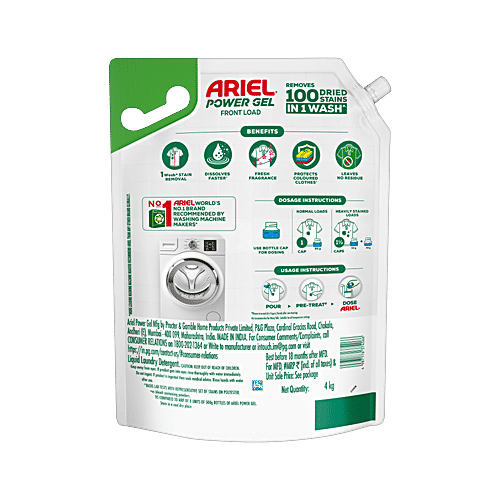 Ariel Power Gel Front Load Liquid Detergent, 4 kg  Removes 100 Stains in 1 Wash