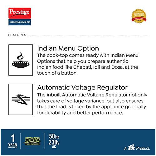 Prestige PIC 16.0 Plus 2000 Watts Induction Cooktop - Indian Menu Option, Automatic Power & Temperature Adjustment, 1 Year Warranty, Black, 1 pc