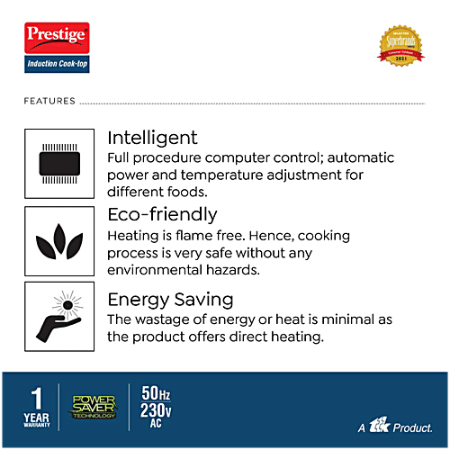 Prestige PIC 16.0 Plus 2000 Watts Induction Cooktop - Indian Menu Option, Automatic Power & Temperature Adjustment, 1 Year Warranty, Black, 1 pc
