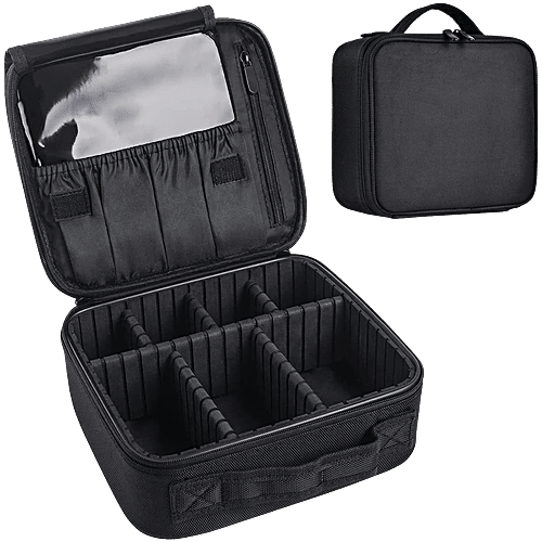 Pearlfiesta Makeup Cosmetic Storage Case - With Adjustable Compartment, Black, 1 pc  