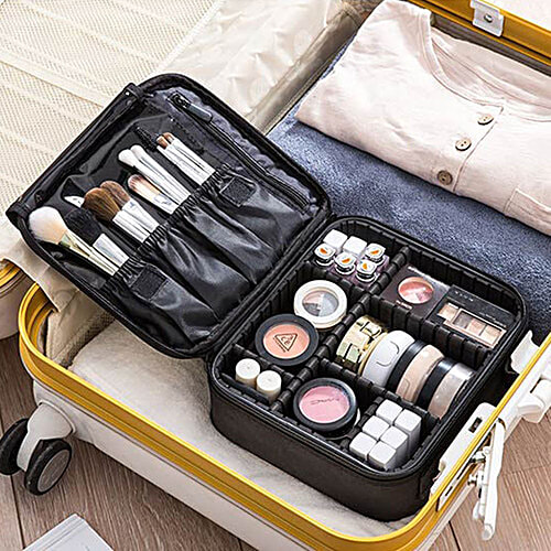 Pearlfiesta Makeup Cosmetic Storage Case - With Adjustable Compartment, Black, 1 pc  
