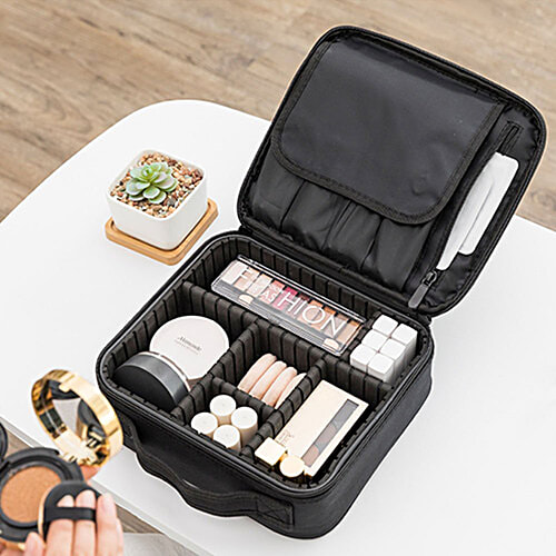 Pearlfiesta Makeup Cosmetic Storage Case - With Adjustable Compartment, Black, 1 pc  