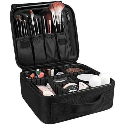 Pearlfiesta Makeup Cosmetic Storage Case - With Adjustable Compartment, Black, 1 pc  