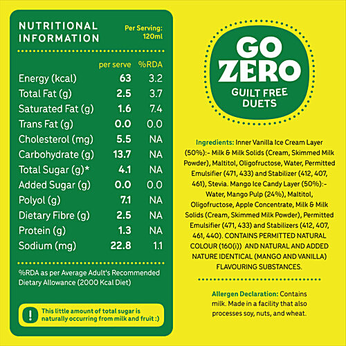 Go Zero Mango Guilt Free Duets Ice Cream Bar, 60 ml No Added Sugar, Low Calorie