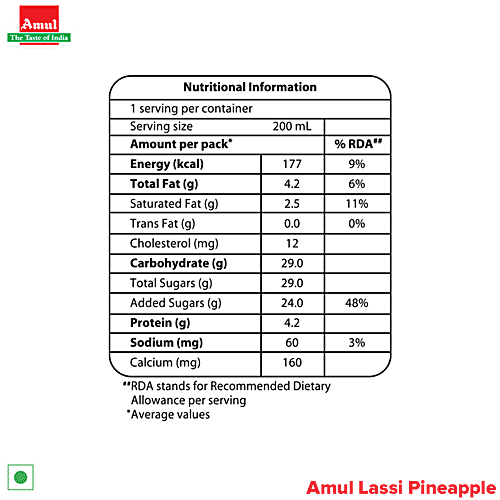 Amul Pineapple Lassi, 200 ml Tetra Pak 